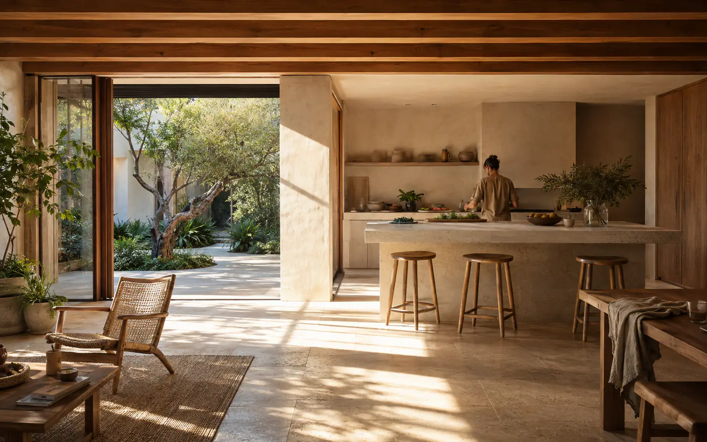 Preparing fresh vegetables beside a garden in a naturally lit kitchen.
