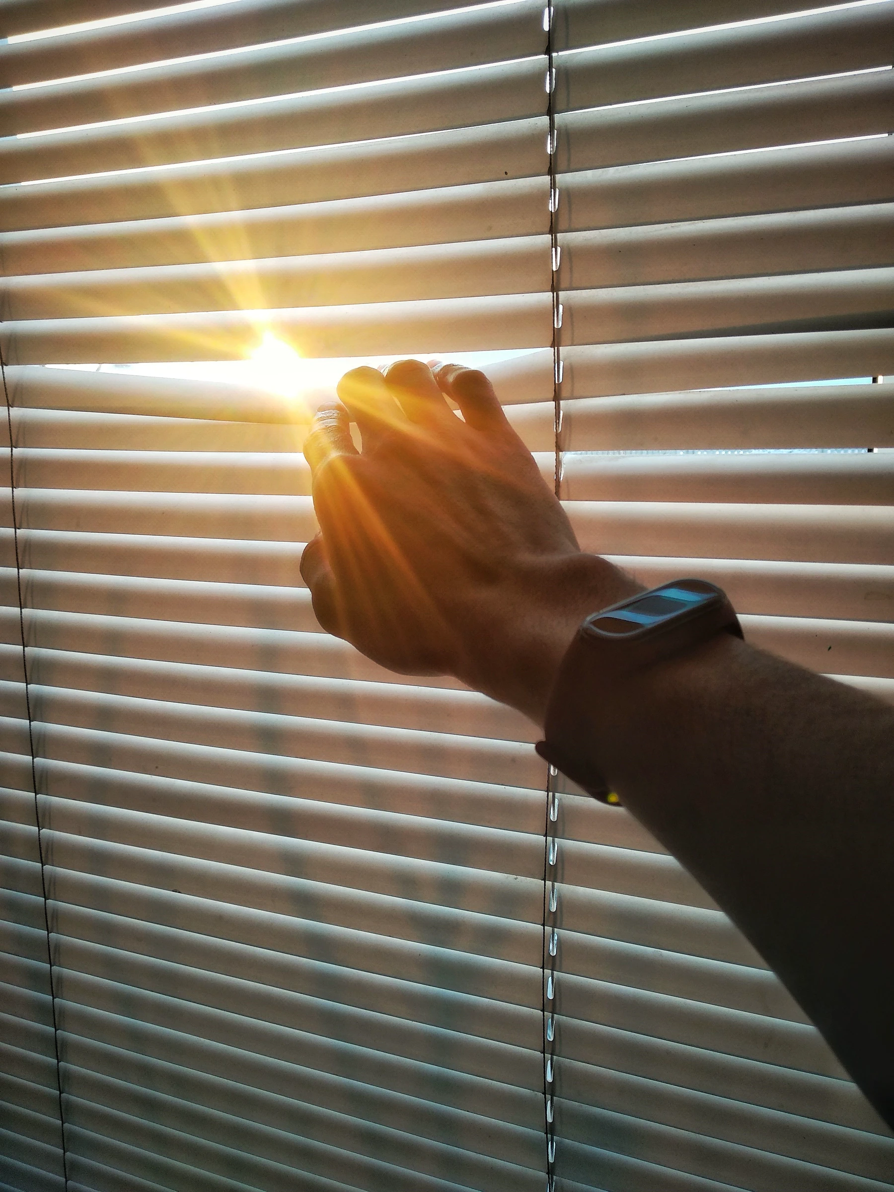 A resident adjusts simple blinds to control daylight