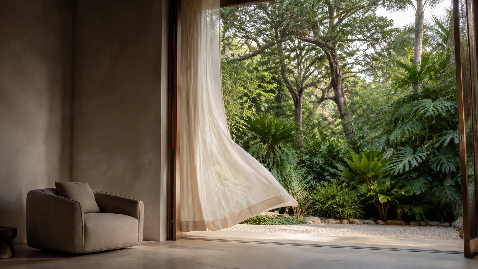 Architectural concept: a linen curtain moves beside broad doors opening to a lush garden.