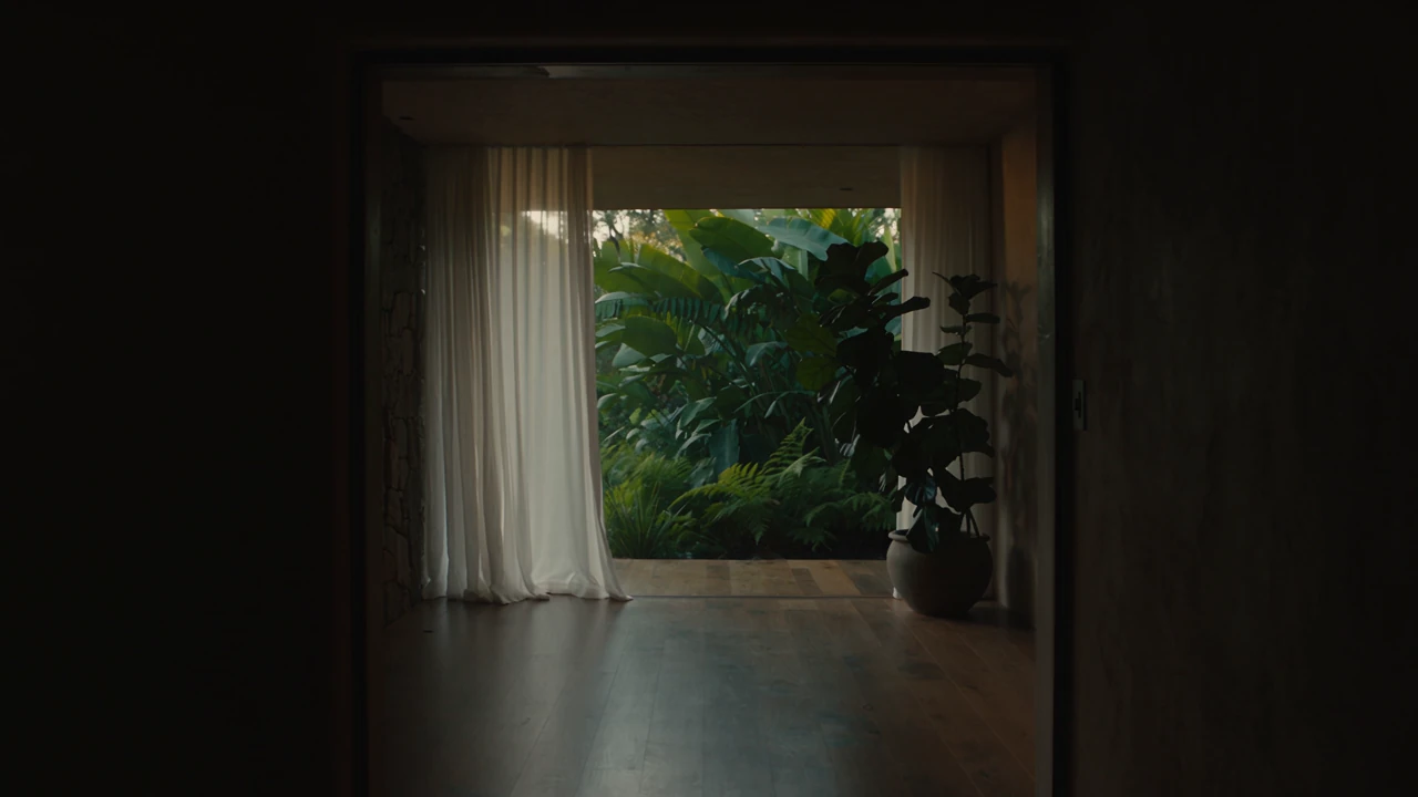 A warm stone threshold opens toward sunlight, sheer curtains and a lush garden.