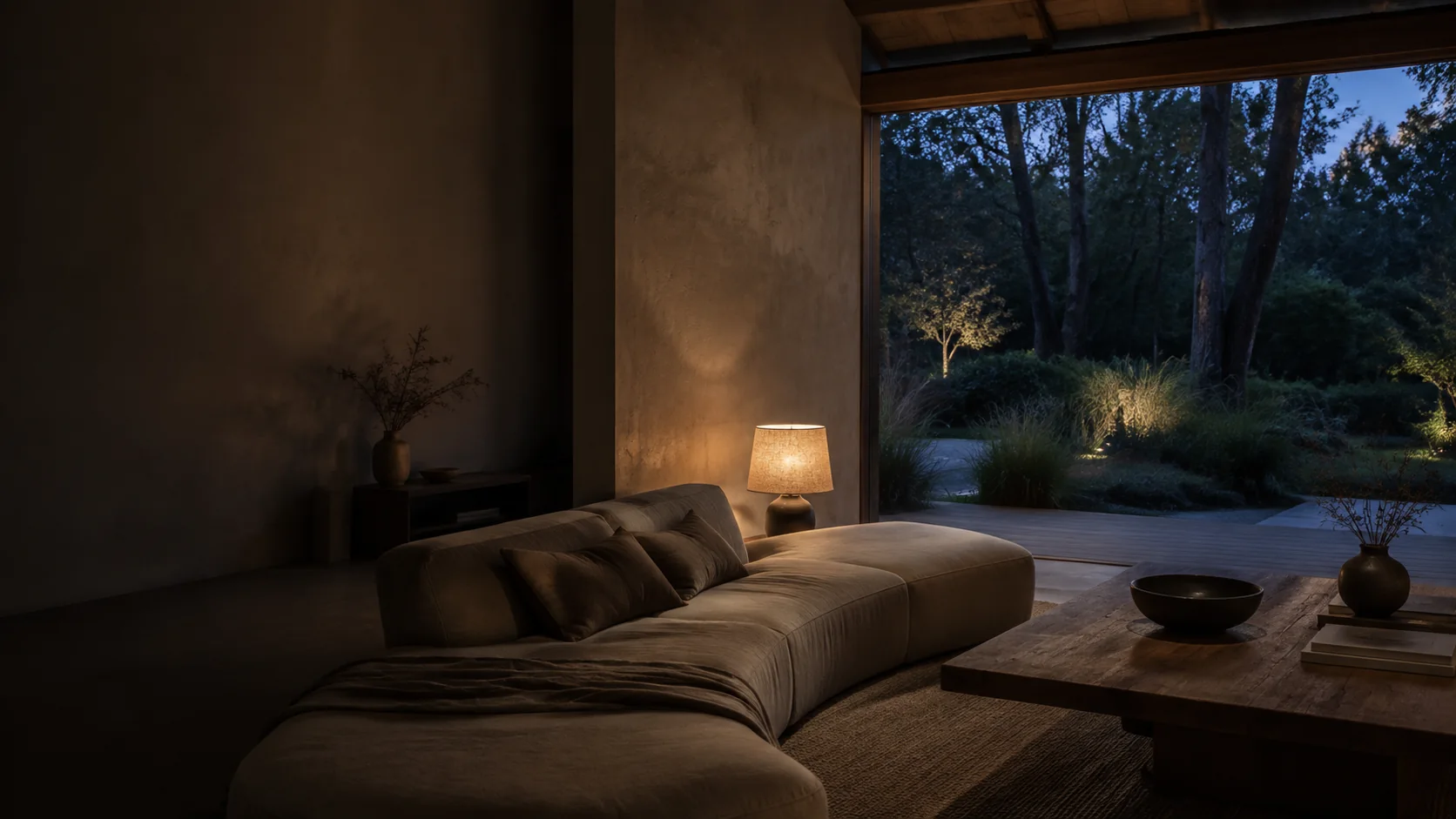 Architectural concept: a low amber lamp illuminates a linen sofa beside a blue-hour garden.