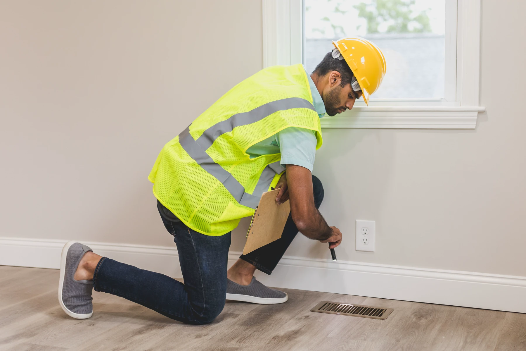 A building professional checks a floor vent inside a home