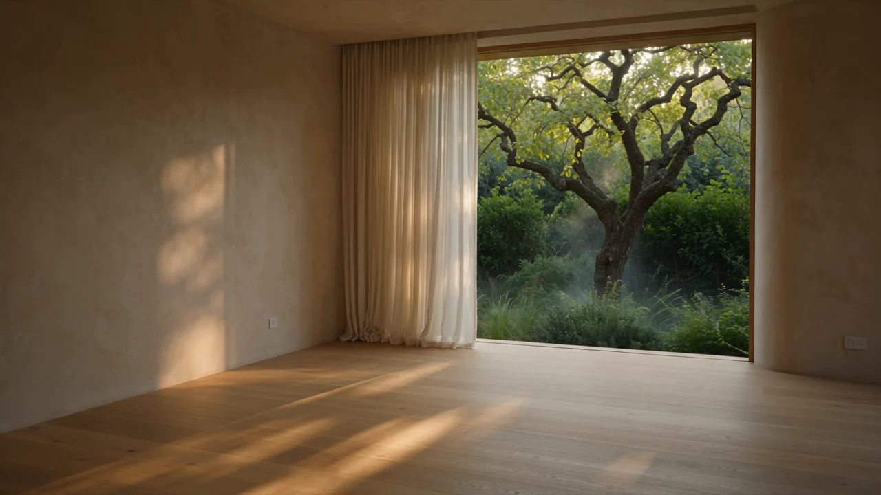 A quiet natural-material room opens to a mature garden tree.