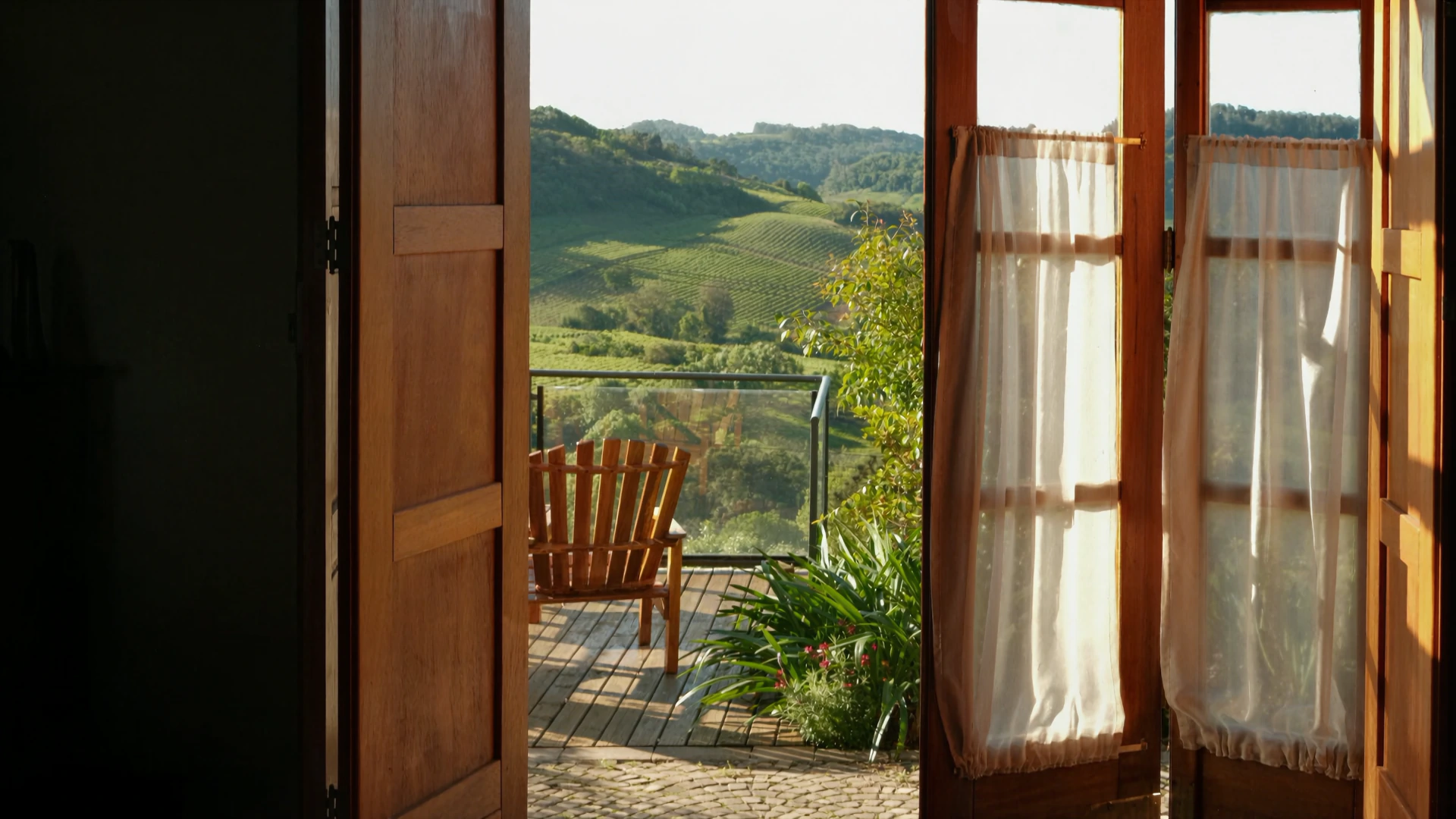 Open timber doors look onto a sunlit balcony and rolling vineyard hills.