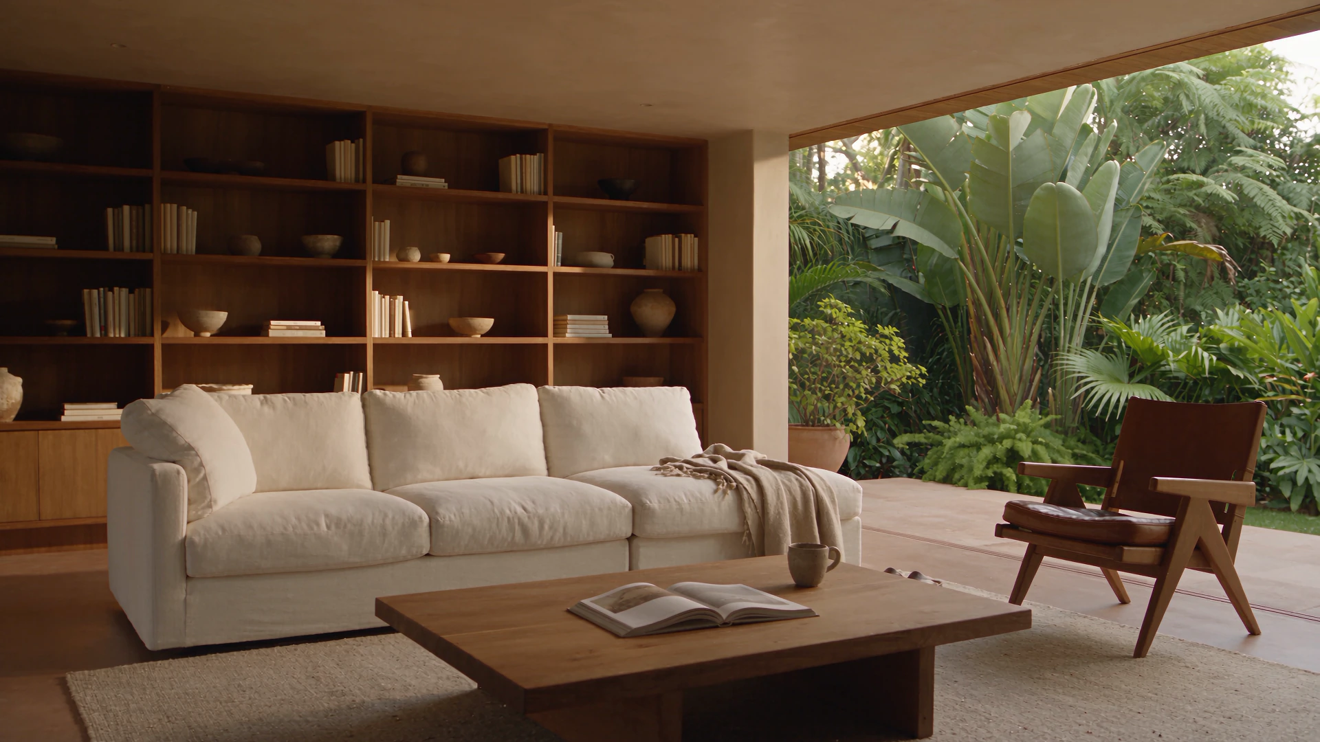 Architectural concept: an inviting living room with linen seating, books, warm wood and an open garden.