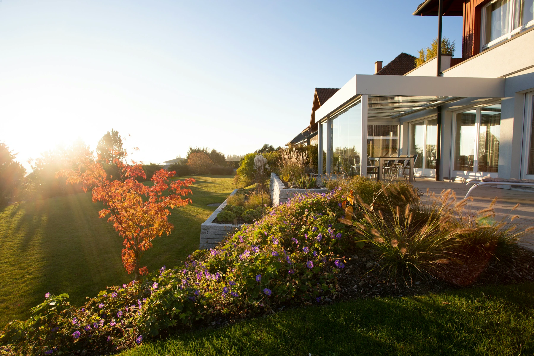 Morning light reaches a home through a planted garden terrace